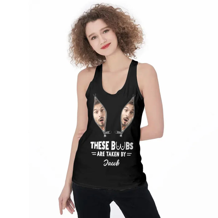 Custom Personalized Funny Photo AOP Women's Racerback Tank Top - Funny Gift Idea for Couple/Her - These Boobs Are Taken By