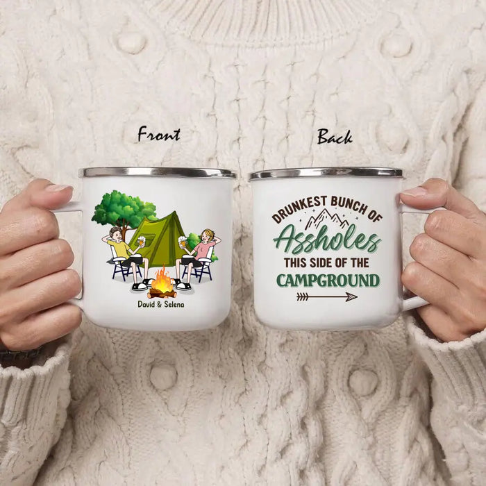 Custom Personalized Camping Enamel Mug - Upto 7 People - Gift Idea for Friends/Camping Lovers - Drunkest Bunch Of Assholes This Side Of The Campground