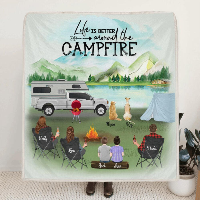 Custom personalized camping fleece blanket - 3 Adults with 2 Kids and 2 Dogs - Gift Idea For The Whole Family - Life Is Better Around The Campfire