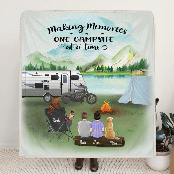 Personalized Camping Fleece Blanket - Mom with 2 Kids & 1 Pet - Gift For Single Mom - Making Memories One Campsite At A Home