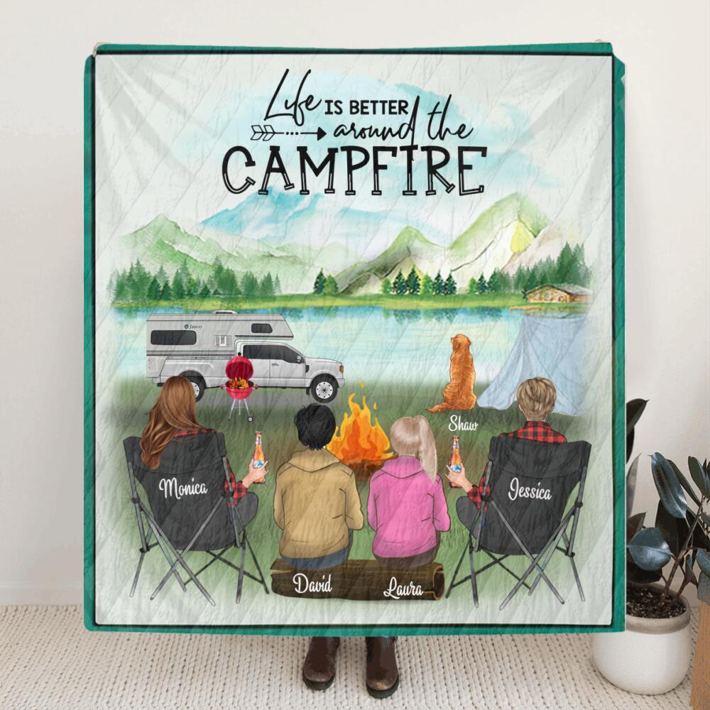 Personalized Camping Quilt Blanket 2 Women with 2 Teens & 1 Pet Gi