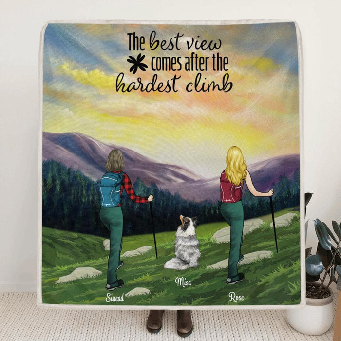 Custom Personalized Sunrise Hiking Fleece Blanket/ Quilt Blanket - 2 Women 1 Dog - Best Gift For Couple/Friends - The Best View Comes After The Hardest Climb - BHN3H5
