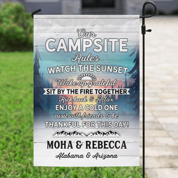 Custom personalized camping garden flag - Gift for couple, camping lovers - Our campsite rules watch the sunset
