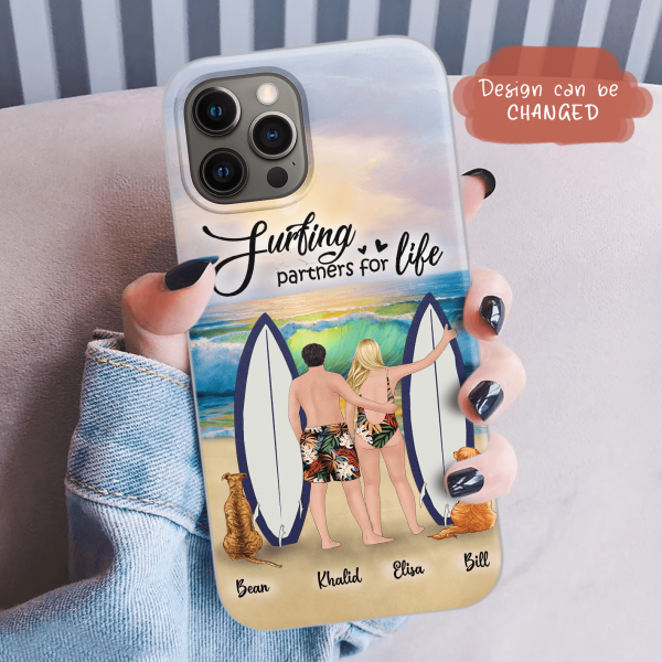 Custom Personalized Surfing Phone Case - Couple And 2 Pets - Phone Case For iPhone and Samsung - Surfing Partners For Life - CCS180