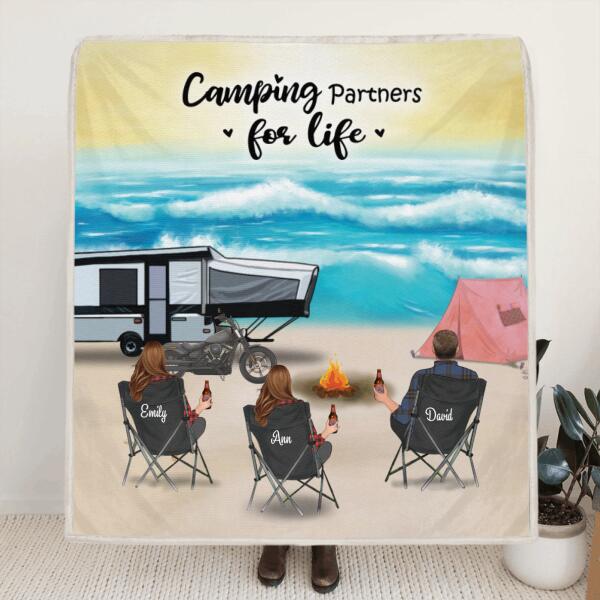 Personalized camping quilt/fleece blanket - Upto 4 Adults and Pets camping at the beach - Gift idea for family, camping lovers - Camping Partners For Life -