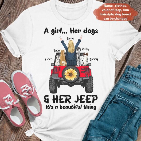 Custom Personalized Off-road Dog Mom T-shirt - Up to 4 Dogs - A Girl Her Dogs - 2OTN07