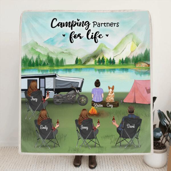 Customer Personalized Camping Blanket - Gift for the whole family, camping lovers with 4 Adults, 1 Kid and 1 Pet - Camping Partner For Life