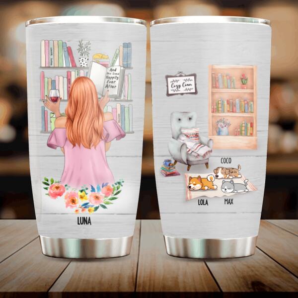 Custom Personalized Reading Pet Mom Tumbler - Upto 6 Pets - Best Gift For Dog/ Cat Lovers