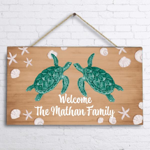 Custom Personalized Turtle Family Door Sign - Couple/ Parents With Upto 4 Baby Turtles - Gift Idea For Family - Welcome The Mathan Family