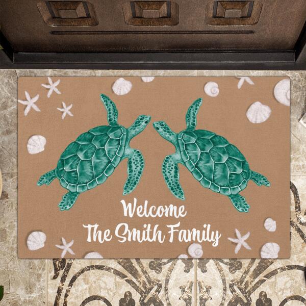 Personalized Turtle Family Doormat - Couple/Parents With Up to 4 Baby Turtles - Gift Idea For Family - Welcome The Smith Family