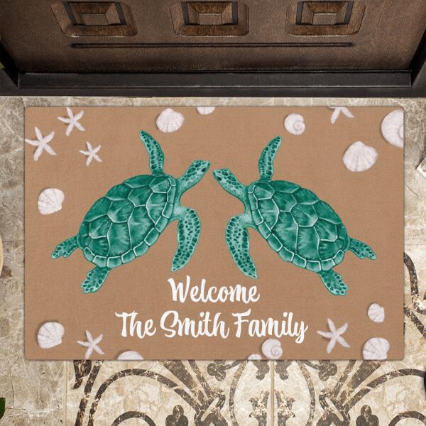 Custom Personalized Turtle Family Doormat - Couple/ Parents With Upto 4 Baby Turtles - Gift Idea For Family - Welcome The Smith Family