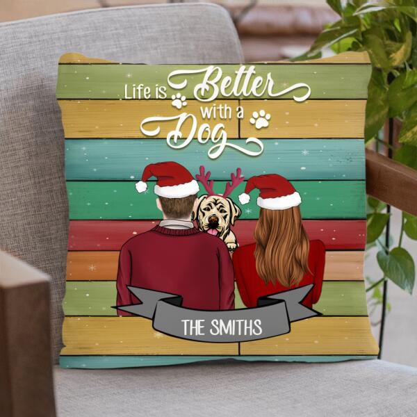 Custom Personalized Couple Hugging Dog Pillow Cover - Couple With Upto 3 Dogs - Best Gift For Dog Lover - Life Is Better With Dogs