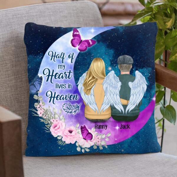 Custom Personalized Memorial Mom Dad Pillow Cover - Gift For Old Couple - Half Of My Heart Lives In Heaven