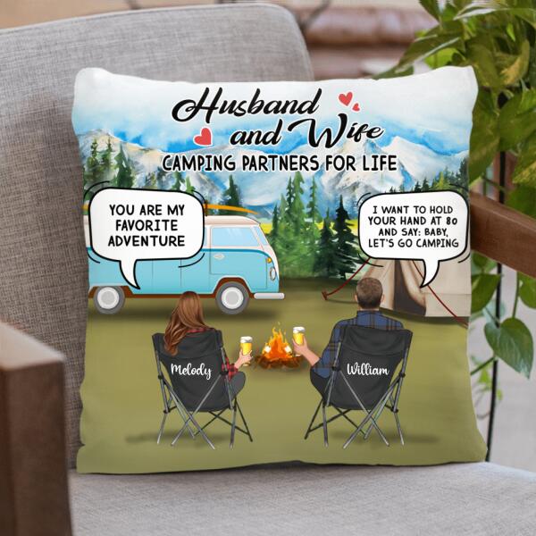 Custom Personalized Camping Husband And Wife Chat Box Pillow Cover - Best Gift For Couple - Husband And Wife Camping Partners For Life