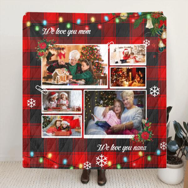 Custom Personalized Photo Quilt/Fleece Blanket & Pillow Cover  - Upto 6 Photos - Best Gift For Couple/Family - We Love You Mom