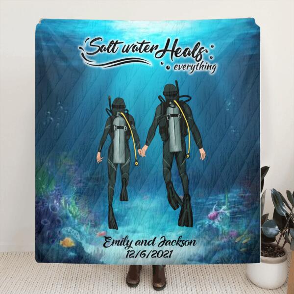 Custom Personalized Couple Diving Quilt/ Fleece Blanket - Best Gift For Couple - Salt Water Heals Everything