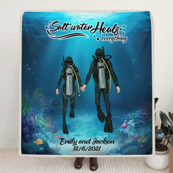 Custom Personalized Couple Diving Quilt/ Fleece Blanket - Best Gift For Couple - Salt Water Heals Everything