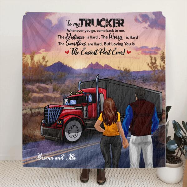 Custom Personalized Trucker Quilt/ Fleece Blanket - Couple/ Mom And Kid/ Mom And Dog - Best Gift For Couple - 5VQSN5