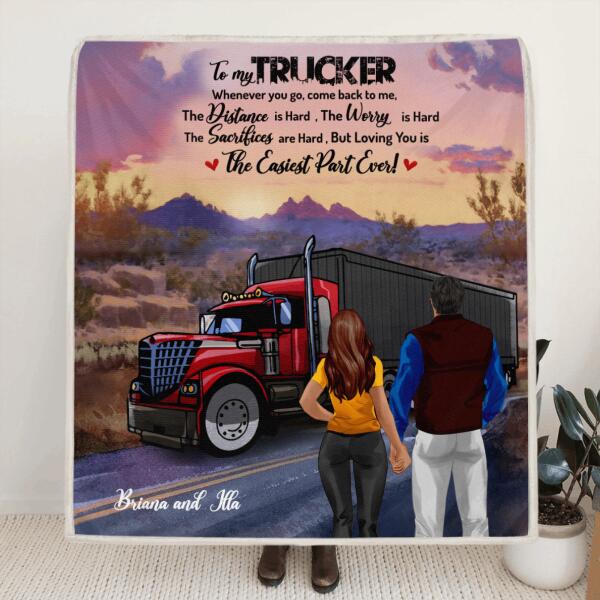 Custom Personalized Trucker Quilt/ Fleece Blanket - Couple/ Mom And Kid/ Mom And Dog - Best Gift For Couple - 5VQSN5