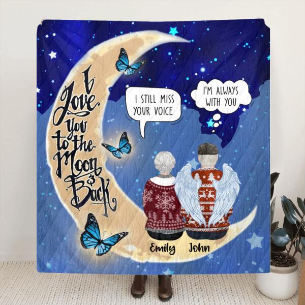 Custom Personalized Old Couple Memorial Quilt/ Fleece Blanket - Memorial Gift For Couple - I Love You To The Moon & Back