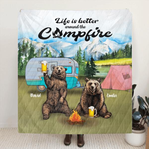 Custom Personalized Couple Bear Husband Wife Camping Quilt/ Fleece Blanket - Gift For Couple - Life Is Better Around The Camfire