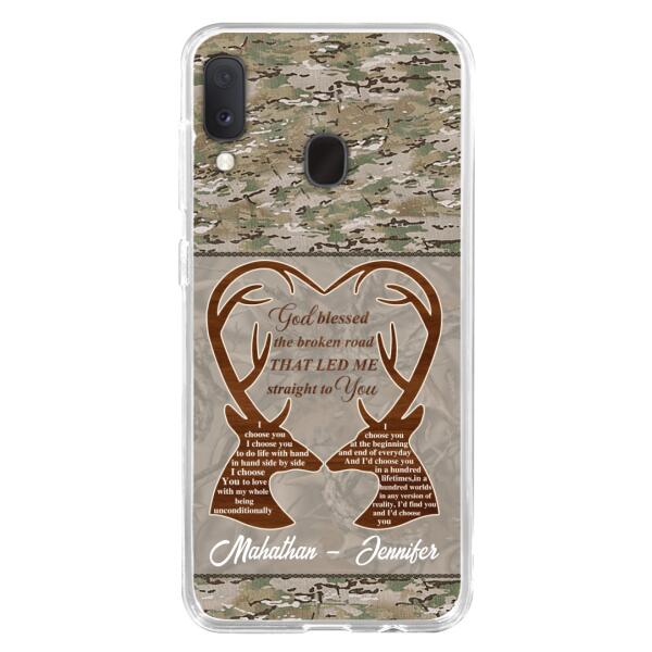 Custom Personalized Deer Hunting Heart Phone Case - Gift Idea For Couple - God Blessed The Broken Road That Led Me Straight To You - Case For iPhone And Samsung