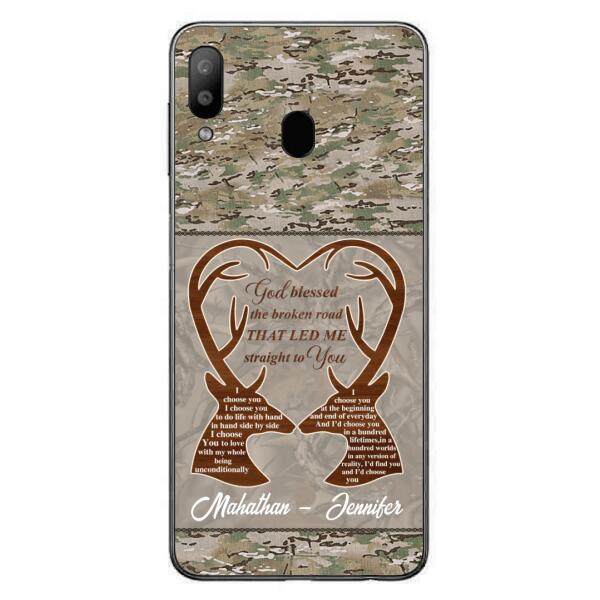 Custom Personalized Deer Hunting Heart Phone Case - Gift Idea For Couple - God Blessed The Broken Road That Led Me Straight To You - Case For iPhone And Samsung