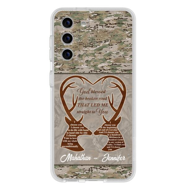 Custom Personalized Deer Hunting Heart Phone Case - Gift Idea For Couple - God Blessed The Broken Road That Led Me Straight To You - Case For iPhone And Samsung