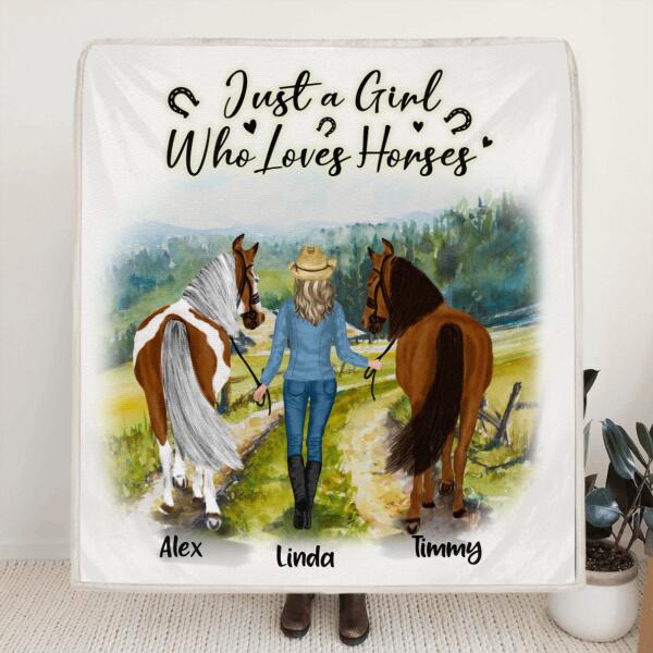 Custom Personalized Horse Girl Quilt/Fleece Blanket & Pillow Cover  - Upto 6 Horses - Best Gift For Horse Lover - Just A Girl Who Loves Horses