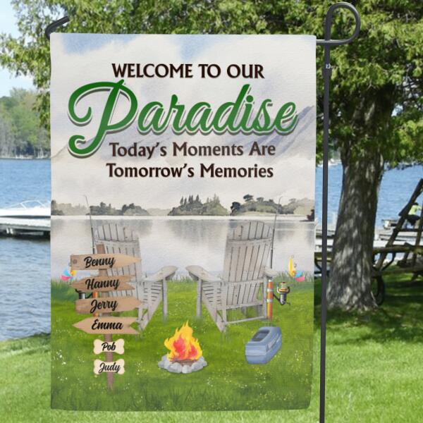 Custom Personalized Fishing Family Garden Flag - Upto 6 Members And 4 Pets - Gift For Fishing Lover - Welcome To Our Paradise