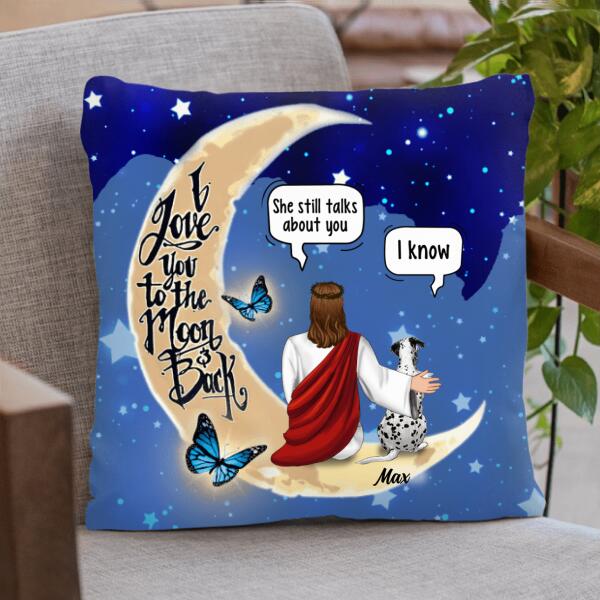 Custom Personalized Memorial God & Dog/Cat Sitting On Moon Pillow Cover & Quilt/ Fleece Blanket - Upto 5 Pets - Memorial Gift For Dog/ Cat Lover