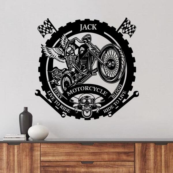 Custom Personalized Skull Riding Motorcycle Metal Monogram Sign - Gift Idea For Motorcycle Lover - Live To Ride, Ride To Live