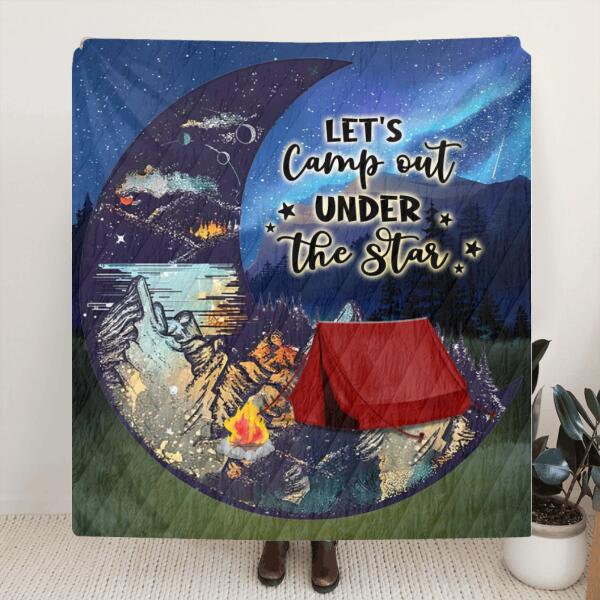 Custom Personalized Camping Moon Quilt/ Fleece Blanket - Gift Idea For Camping Lover - Let's Camp Out Under The Star