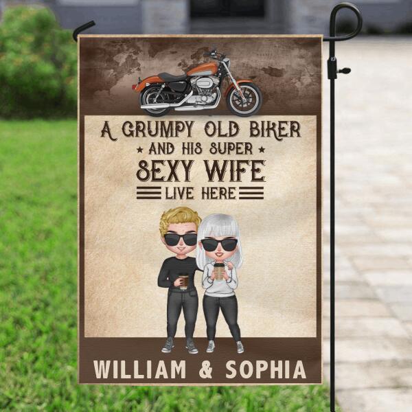Personalized Old Bikers Flag - Best Gift For Couple - A Grumpy Old Biker And His Super SexyWife Live Here