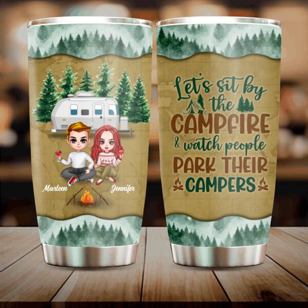 Custom Personalized Camping Couple And Dog Tumbler - Couple With Upto 2 Dogs - Valentine's Day Gift Idea For Couple - Let's Sit By The Campfire