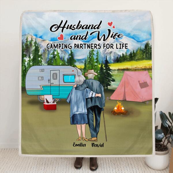 Custom Personalized Old Couple Camping Quilt/ Fleece Blanket - Gift For Couple - Husband And Wife Camping Partners For Life