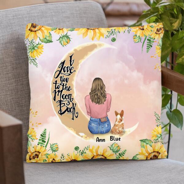 Custom Personalized Dog Mom Sunflower Pillow Cover & Quilt/ Fleece Blanket - Gift For Dog Lover With Upto 4 Dogs - I Love You To The Moon & Back