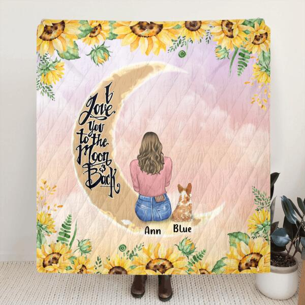 Custom Personalized Dog Mom Sunflower Pillow Cover & Quilt/ Fleece Blanket - Gift For Dog Lover With Upto 4 Dogs - I Love You To The Moon & Back