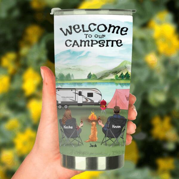 Custom Dog & Owners Camping Tumbler - Personalized Gift for Dog Lovers, Camping Couple - Couple & 1 Dog - Welcome to Our Campsite