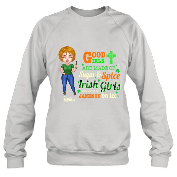 Custom Personalized Irish Girl Chibi Shirt/ Pullover Hoodie/ Sweatshirt/ Long Sleeve - Gift Idea For St Patrick's Day - Irish Girls Are Made Of Jameson On Ice