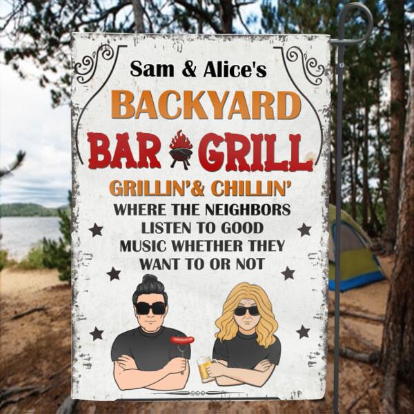 Custom Personalized Flag/Metal Sign - Backyard Bar & Grill Flag/Metal Sign - Gift for Family, Couple, Husband and Wife - Backyard Bar & Grill Grillin' & Chillin'