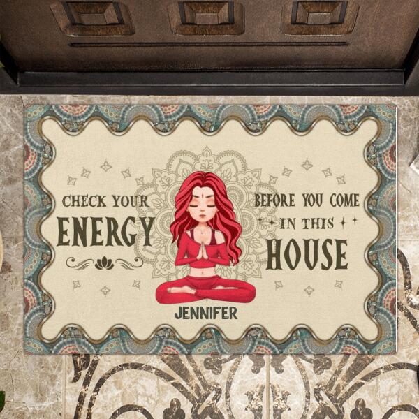 Custom Personalized Girl Yoga Doormat - Check Your Energy Before You Me In This House