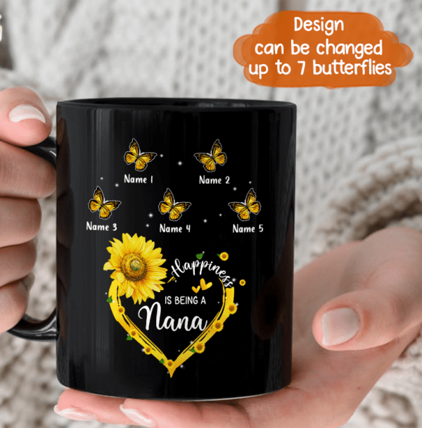 Custom Personalized Grandma Butterfly Black Coffee Mug - Gift For Grandma From Grandkids - Happiness Is Being A Nana