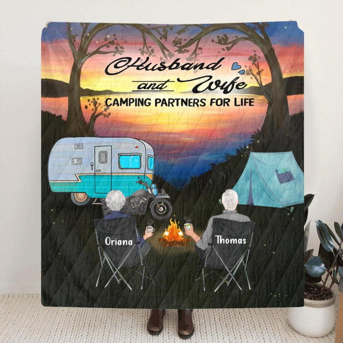 Custom Personalized Couple Camping Quilt/Fleece Blanket & Pillow Cover - Gift For Camping Lover - Husband And Wife Camping Partners For Life