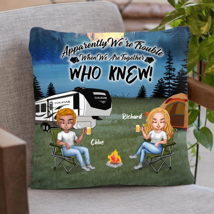 Custom Personalized Camping Friend Pillow Cover & Quilt/ Fleece Blanket - Upto 7 People - Gift Idea For Camping Friends - We're Trouble When We Are Together