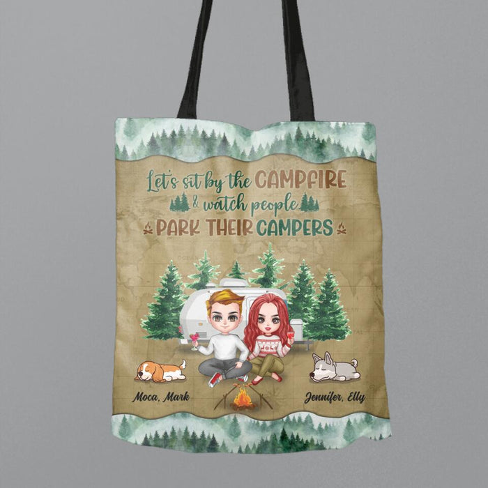 Personalized Camping Couple And Dog Canvas Bag - Up to 2 Dogs - Gift Idea For Dog/Camping Lovers - Let's Sit By The Campfire