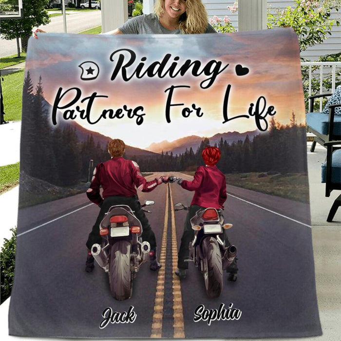 Custom Personalized Motorcycle Couple Quilt/Fleece Blanket & Pillow Cover - Upto 4 People - Best Gift For Couple - Riding Partners For Life