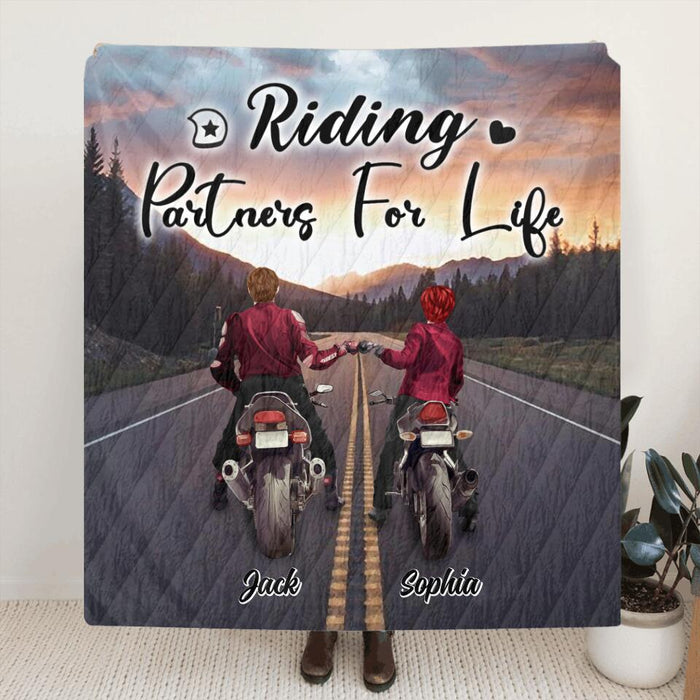 Custom Personalized Motorcycle Couple Quilt/Fleece Blanket & Pillow Cover - Upto 4 People - Best Gift For Couple - Riding Partners For Life