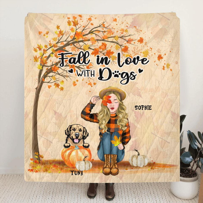 Custom Personalized Fall Dog Mom Fleece Blanket/Quilt Blanket - Upto 4 Pets - Best Gift For Dog Lovers - Fall In Love With Dogs - MTJKZW