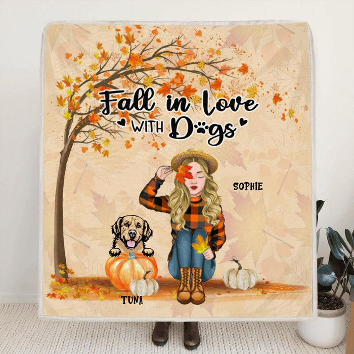 Custom Personalized Fall Dog Mom Fleece Blanket/Quilt Blanket - Upto 4 Pets - Best Gift For Dog Lovers - Fall In Love With Dogs - MTJKZW